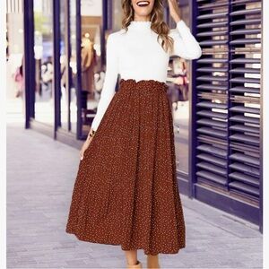 Pleated Coffee Polka Dot Midi Skirt XL